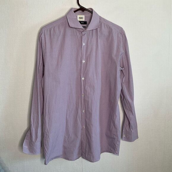 HUGO BOSS BLACK LABEL DRESS SHIRT SHARP FIT SPREAD COLLAR PLAID REDBLUE 17 34/35 - Picture 7 of 10